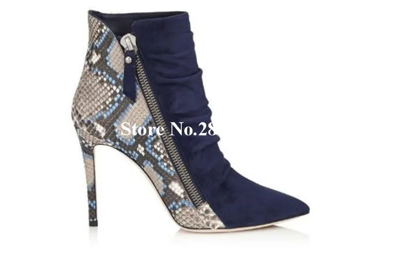 

Top Selling Short Boots Snake Pattern Pleated Joint Pointed Toe Super High Heels Zipper Detail Ankle Booties Fashion Dress Shoes