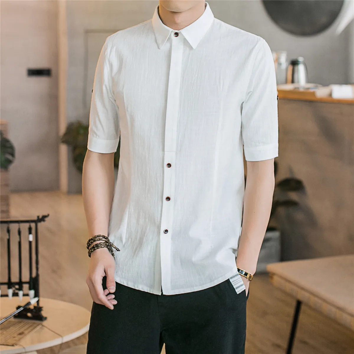 Summer Men White Cotton Linen Short Sleeve Shirts Casual Slim Thin ...