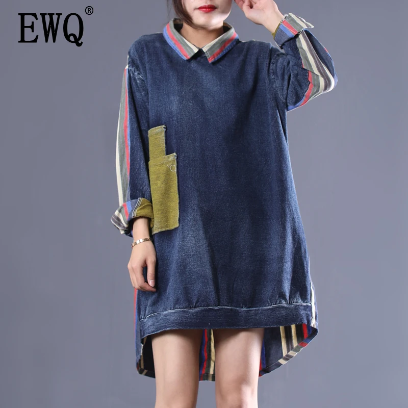 

[EWQ] Spring Summer Of 2019 New Pattern lapel Collar Long Sleeve Denim Patchwork Pockets Striped Casual Dress Women AD87705