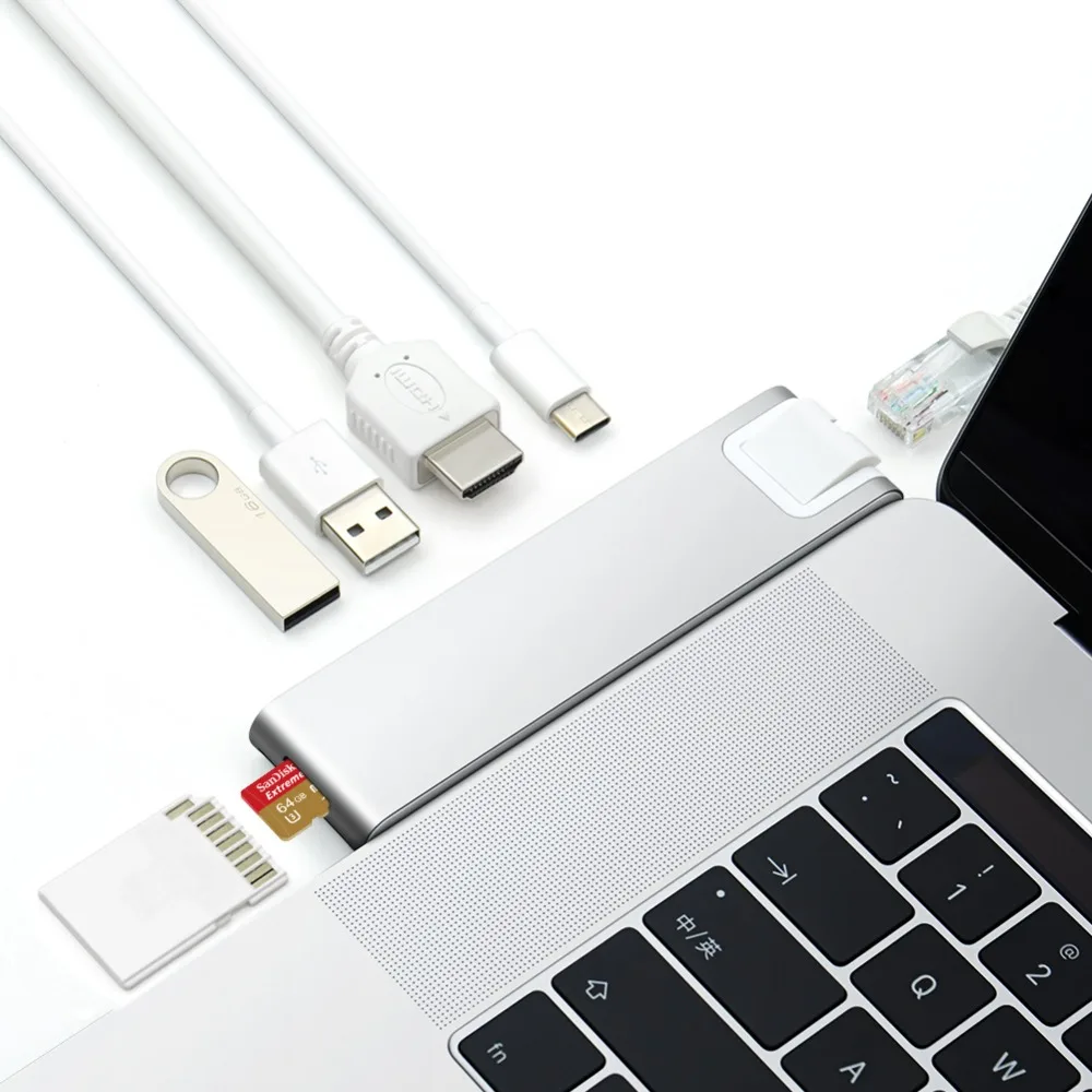 Новинка 7 в 1 USB C концентратор к HDMI RJ45 Thunderbolt 2 адаптер Type c 3 0 SD/TF кардридер PD