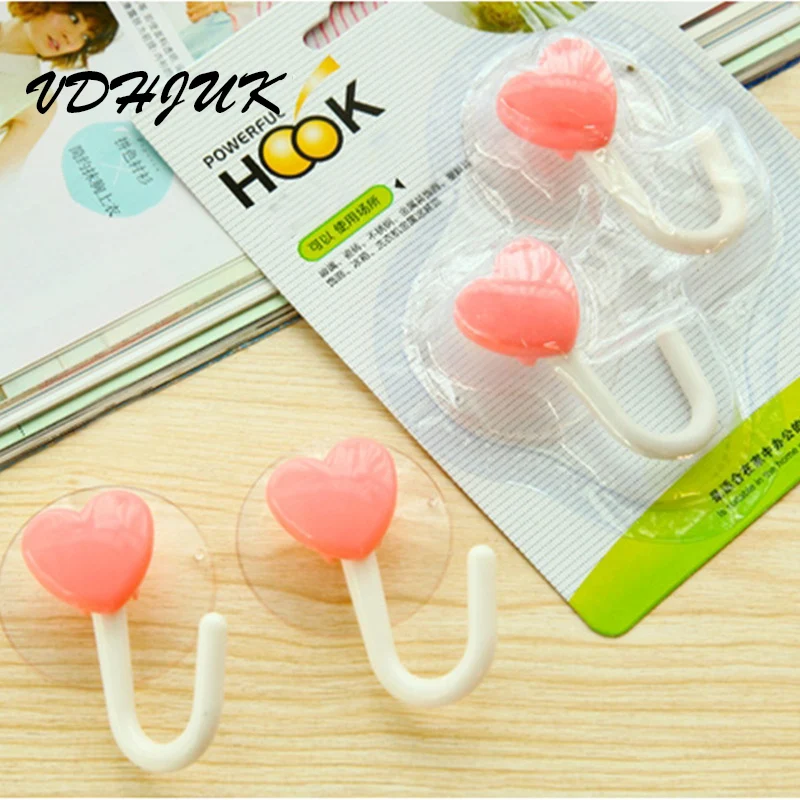 2pcs/lot new fashion cute heart shaped hooks Stick On Wall Robe Hooks
