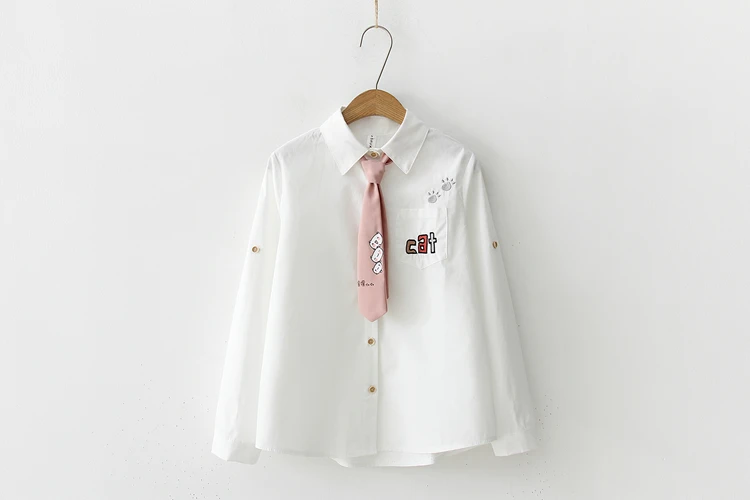 Japanese Mori Girl Autumn Spring Women Shirt Cute Kawaii Cat Footprint Bow School Uniform Preppy Style Anime White Blouse