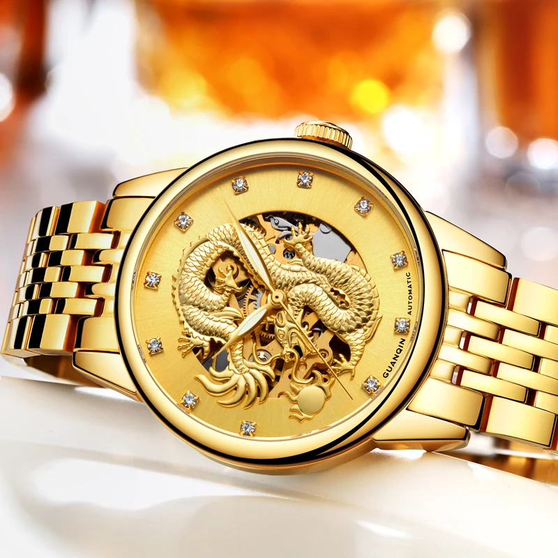 Оригинал GUANQIN montre homme Скелет Золотые мужские часы с драконом Мужские Бизнес