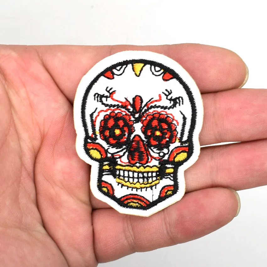 1Pcs Stick On Patches Clothes DIY Punk Flower Skull Embroidered Patches