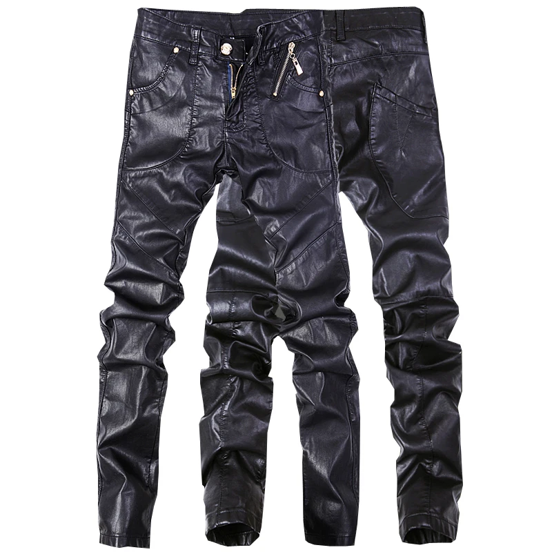 Модные мужские джинсы, обтягивающие кожаные мотоциклетные прямые брюки, размер 28-38, A102