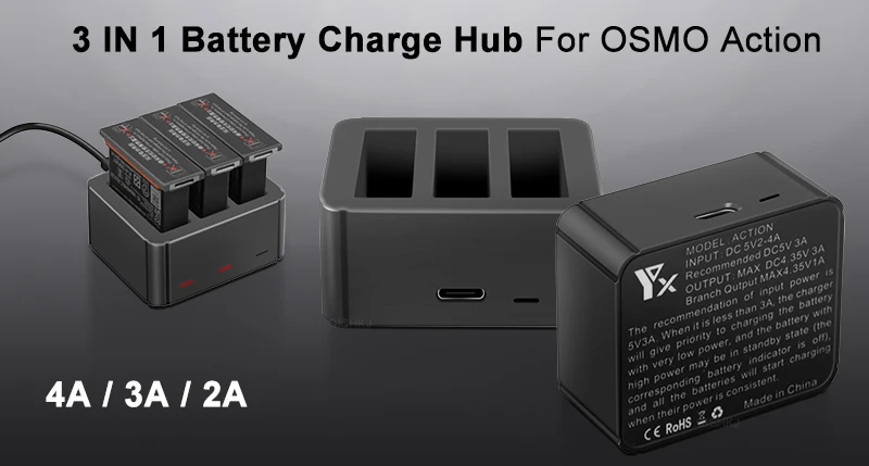 3 в 1 OSMO ACTION battery charger Hub TYPE-C вход 4,35 в литиевая зарядка Комплект для DJI OSMO ACTION аксессуары батарея