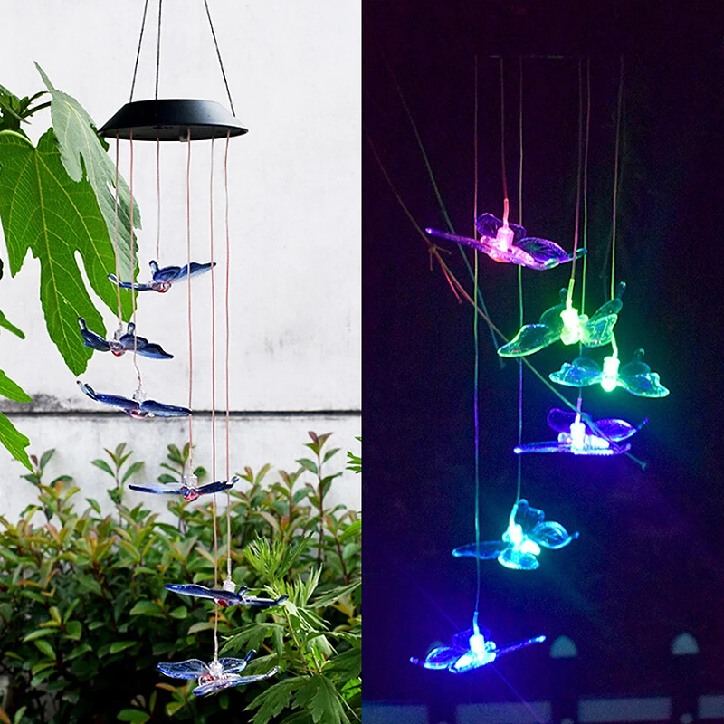 Цвет изменение зарядное устройство на солнечной батареи для мобильного телефона, колокольчиков лампа в форме бабочки висит ветер фонарь-раструб ночной подвесной светильник внутренний дворик сад света