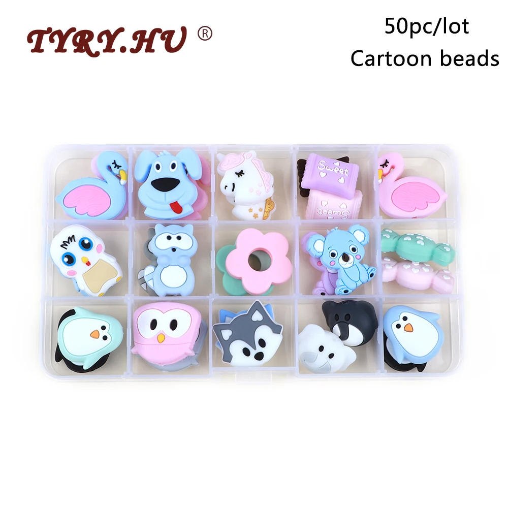 

TYRY.HU 50pc/lot Cartoon Silicone Beads Unicorn Elephant Fox Penguin Dog Food Grade Baby Teether DIY Baby Teething Toys BPA free