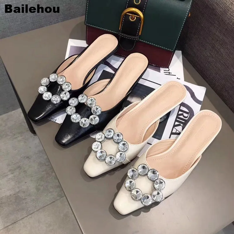 

Women Crystal Heel Slippers Fashion Rhinestone Ladies Slides Slip On Mules 2019 New Summer Outdoor Slipper Low Heel Spring Shoes