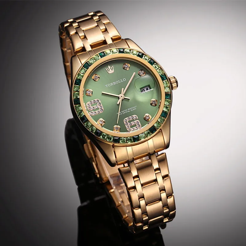 

2017 TORBOLLO Luxury Women Watch Miyota Movement Quartz Date Crystal Green Lady Clock for Girls With Box