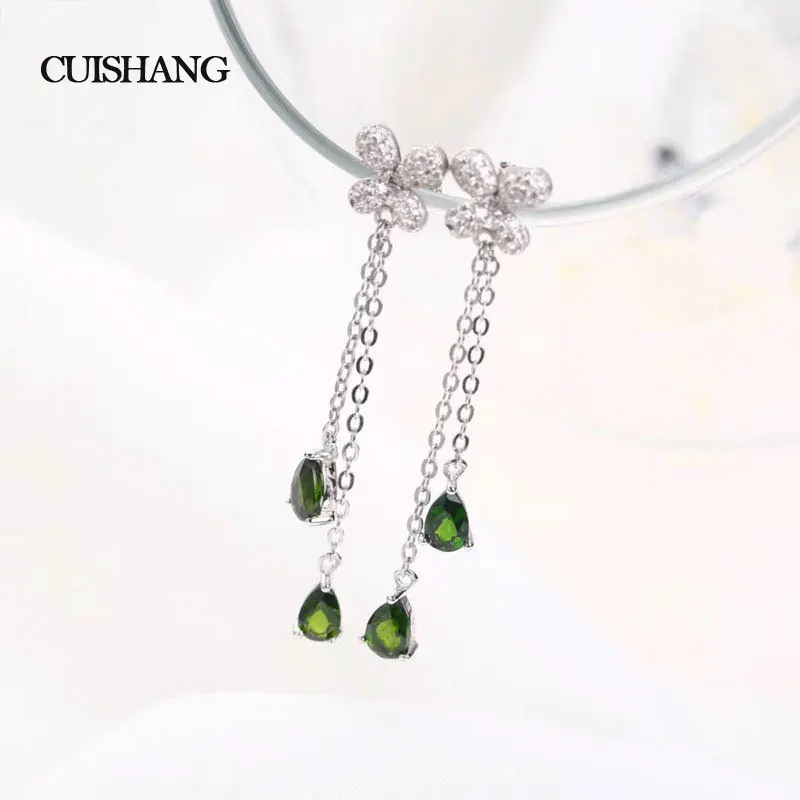 

CSJ 925 Sterling Silver Earrings Drop Fine Jewelry Genuine Natural Chrome Diopside Women Party For Gift