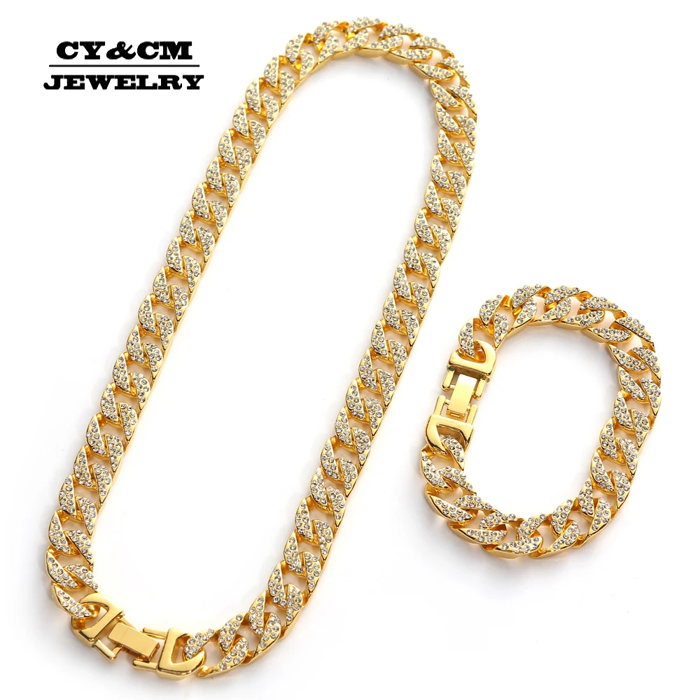 

Hip Hop Iced Out Rhinestone Gold Silver Plating Necklaces for Mens Miami Cuban Link Chain Long Necklace Bracelets Jewelry 13mm