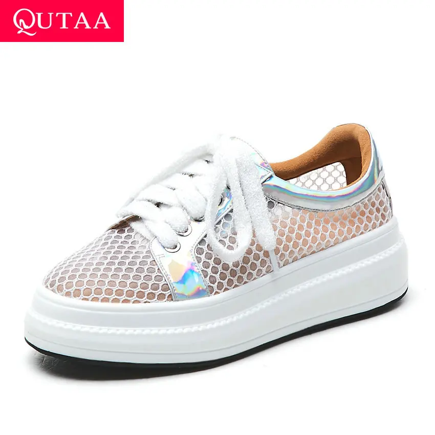 

QUTAA 2019 Women Shoes Casual Round Toe Wedge Heel Lace Up PU Mesh Platform Fashion Cut Outs Breathable Ladie Sneakers Size34-39