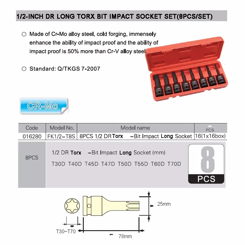 8pcs cr-mo 1-2 dr torx bit impact long socket