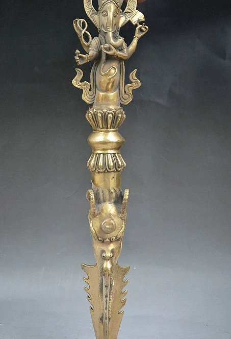 

21" Old Tibet Brass Ganesh Lord Elephant Buddha Dragon Head Dhurba Dagger Holder