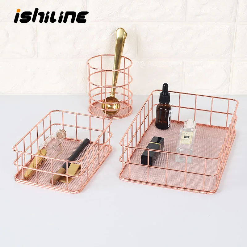 

Copper Storage Basket Cosmetic Organizer Rose Gold Makeup Brushes Holder Metal Wire Toiletry Collection Baskets Bathroom Shelves