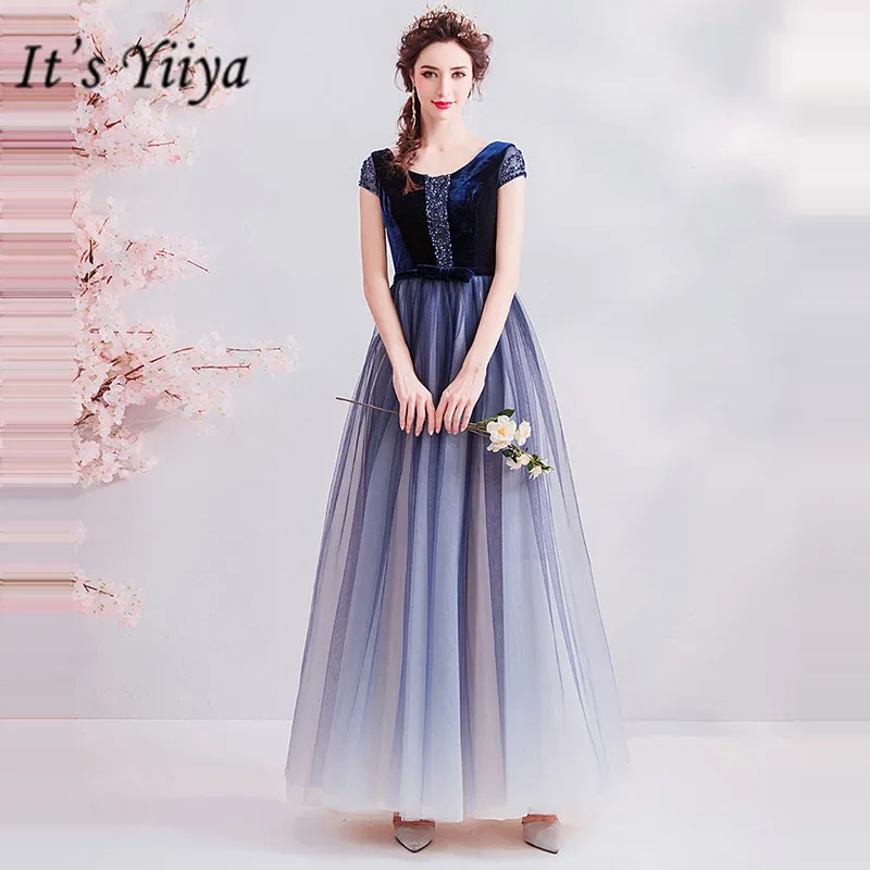 

It's YiiYa Prom Gowns Short Sleeves A-Line Ankle-Length Length Beading Party Dress Custom Plus Size Prom Dresses 2019 E230