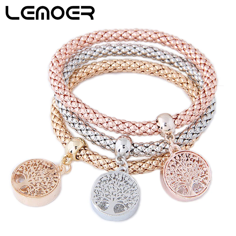 

LEMOER 3PCS Vintage Designer Gold Color Tree of Life Charm Bracelets & Bangles Popcorn Chain Jewelry For Women Pulseras Mujer