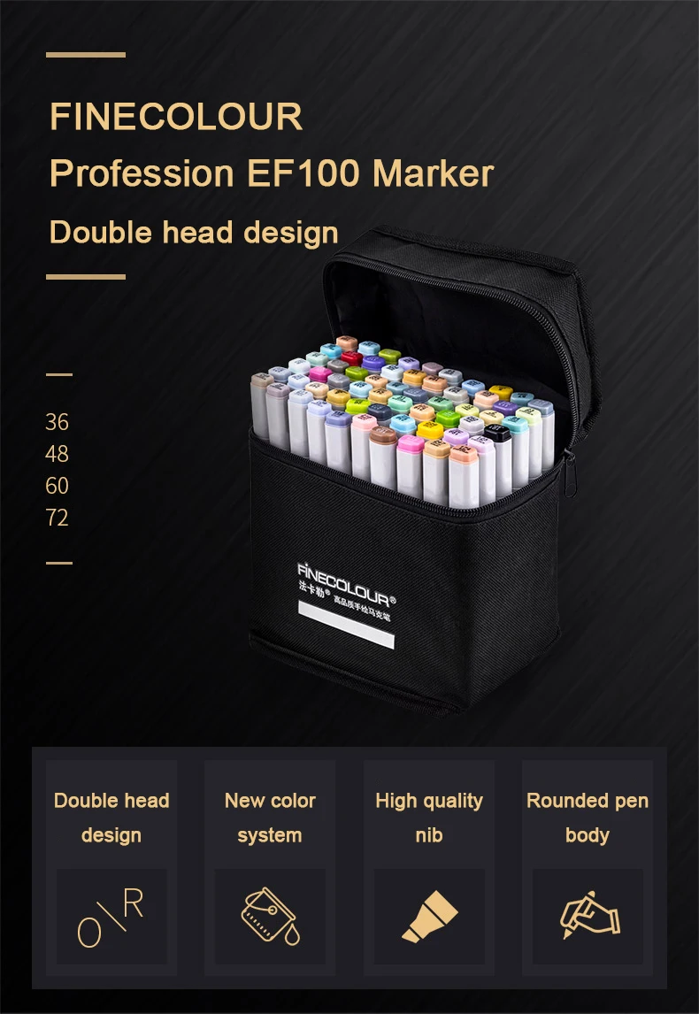 FINECOLOUR EF100 36/48/60/72 цвета набор художественных эскизных маркеров на спиртовой основе для рисования аниме, манги, дизайна, скетчей, высокое качество чернил и хорошее смешивание цветов