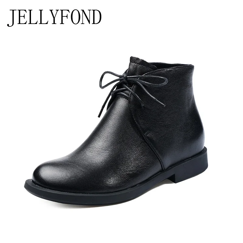 

JELLYFOND Brand Designer Ankle Boots Women Handmade Genuine Leather Shoes Woman Lace Up High Tops Punk Combat Boots Winter Shoes