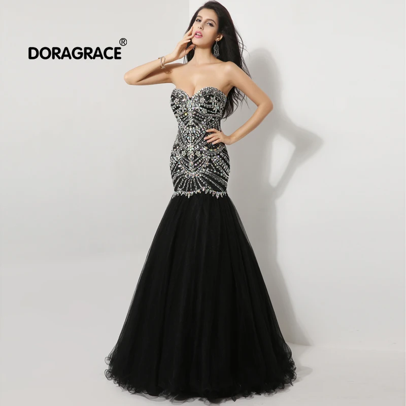 

Doragrace Gorgeous Sweetheart Black Prom Gowns Mermaid Evening Gowns Crystal Beaded Evening Dresses