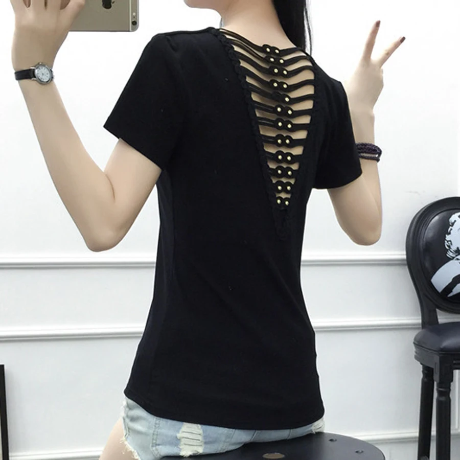 Sexy t Shirt Women Backless Casual Summer Mesh Top Oversized t Shirt Ulzzang Korean Style t-Shirt Camisas Mujer Vogue 60C153 Tops