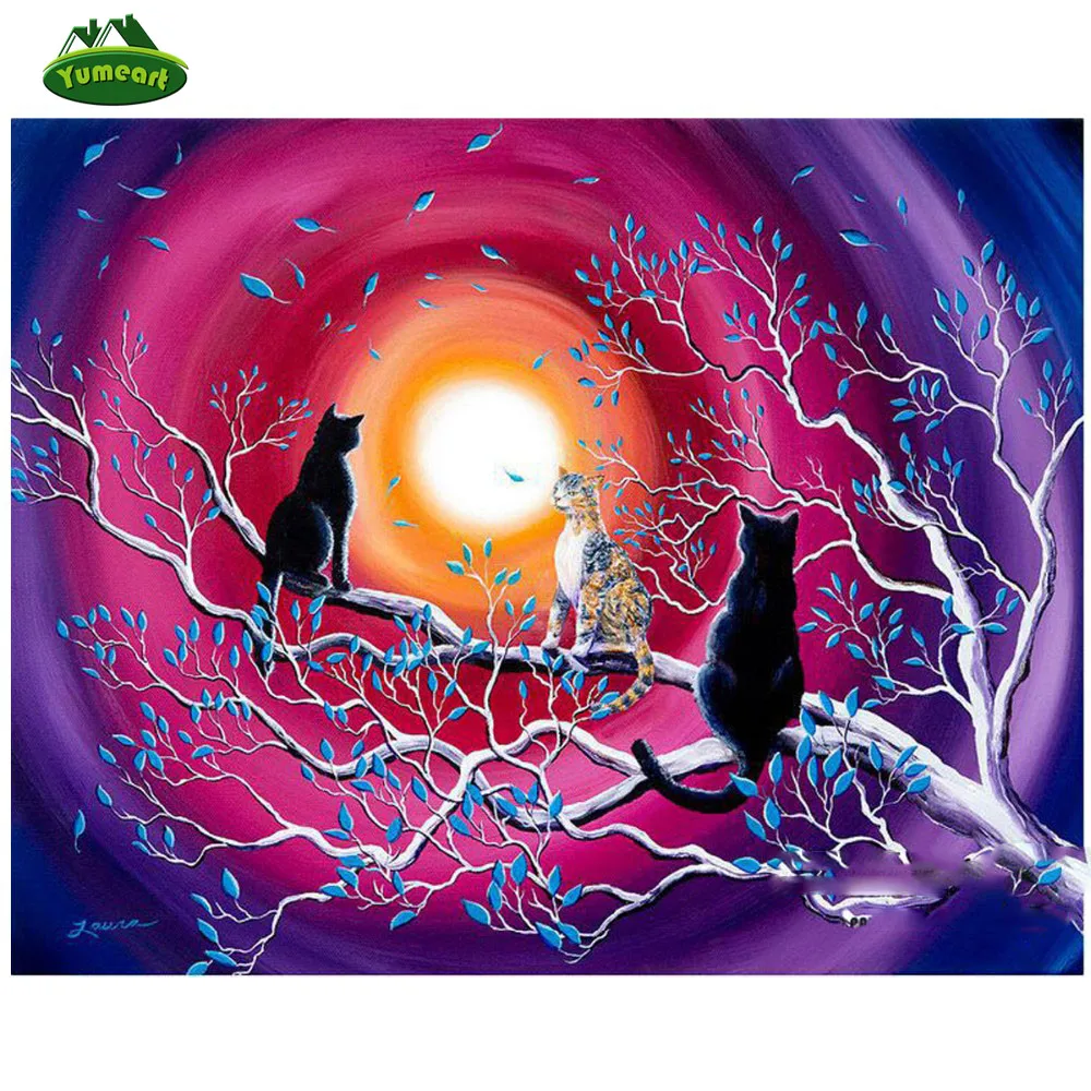

Needlework diamond Embroidery Cartoon cat in the tree DIY Diamond painting cross stitch moon cat beads work accessories crystals