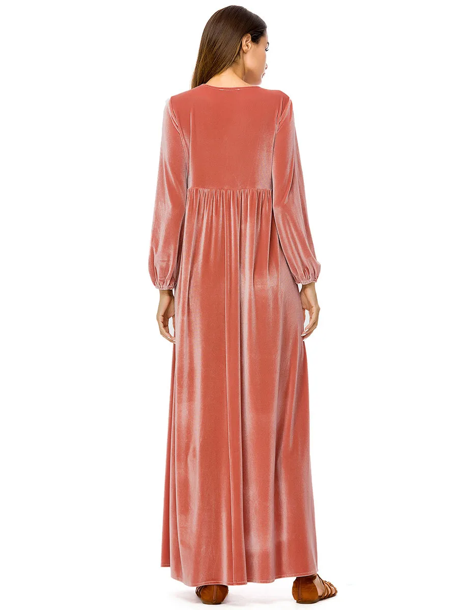 Абая для женщин бархат мусульманское платье кафтан в турецком, арабском стиле мусульманская одежда для Дубай одежда Длинные розовые платья, женская одежда с вышивкой