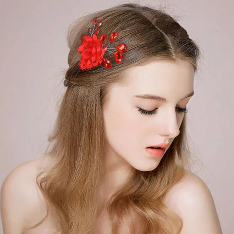 Retro Style Bride Lace Red Flower Headwear Rhinestone Headband Fashion