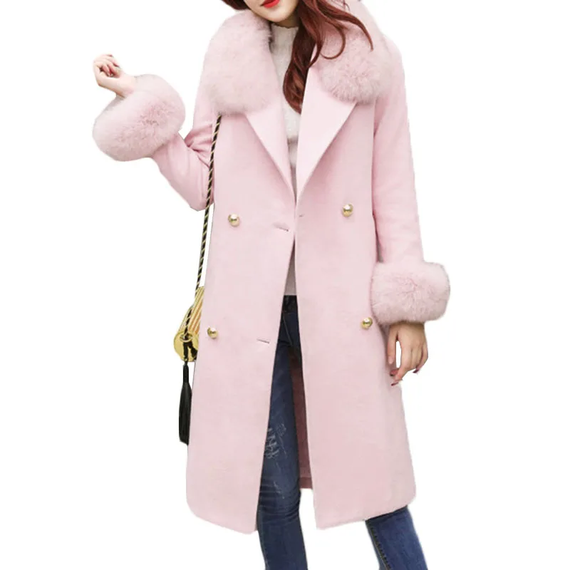

2019 Fashion Elegant Overcoat Women Long-sleeve Belt Long Section Warm Wool Coat Women's Long Section Fur Collar Wool Coats e022