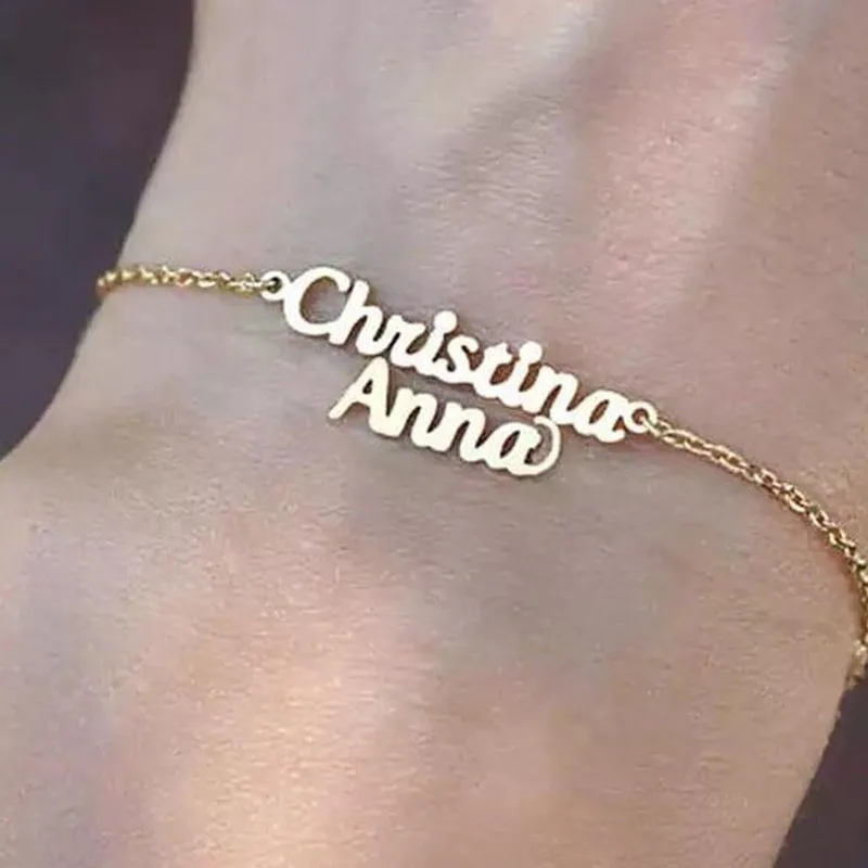 

Personalized Double Name Bracelet Custom Gold Stainless Steel Two Names Bracelet Rose Gold Bijoux Femme For Women collier arabe