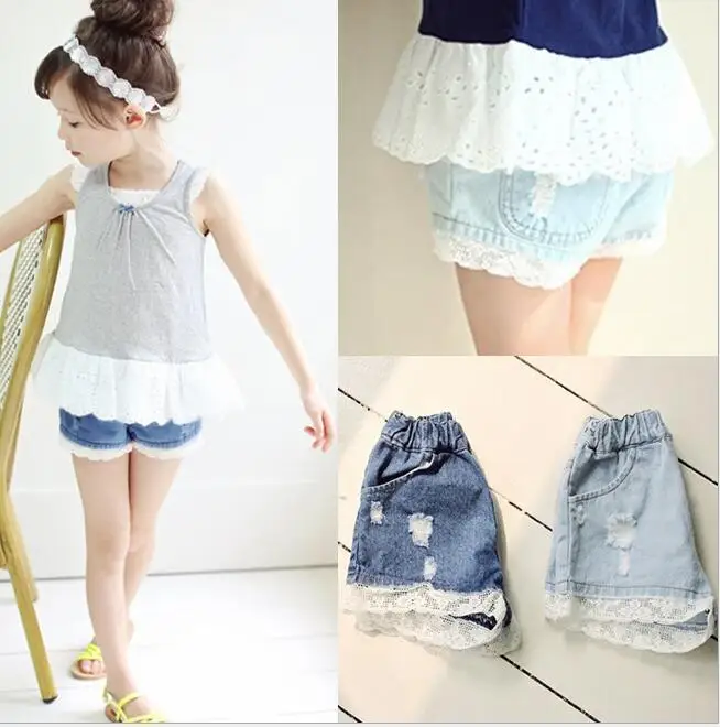 

2018 New Summer Fashion Baby Girls Lace Denim Pocket Short Hole Jeans Pants Baby Casual Trousers Kids Shorts Children's Clothing