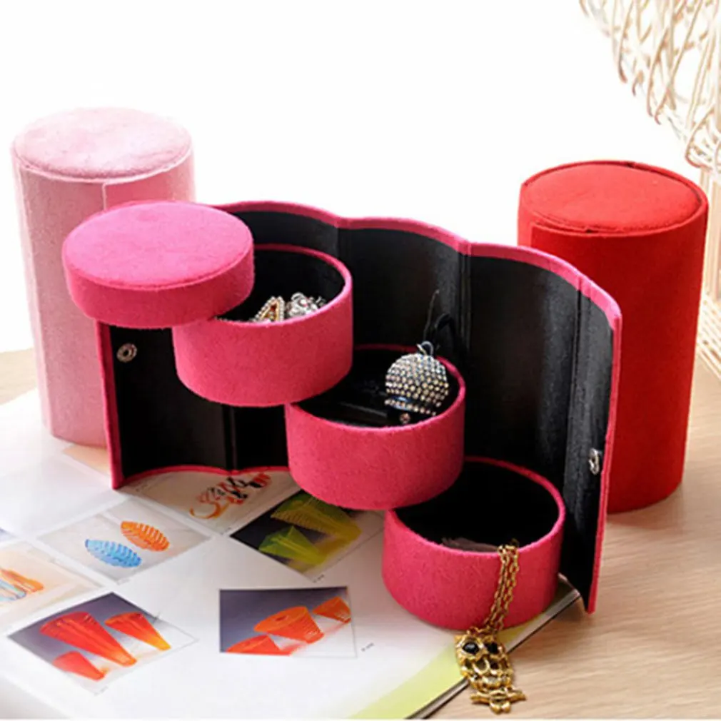 

Flannel Cylinder Storage Box Jewelry Three-tier Retro Jewelry Box Portable Jewelry Box