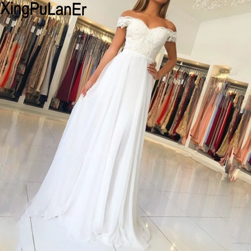 XingPuLanEr белого шифона с плеча Пром Dresses2019 Кружева Аппликации простой праздничное платье платья vestido de formatura