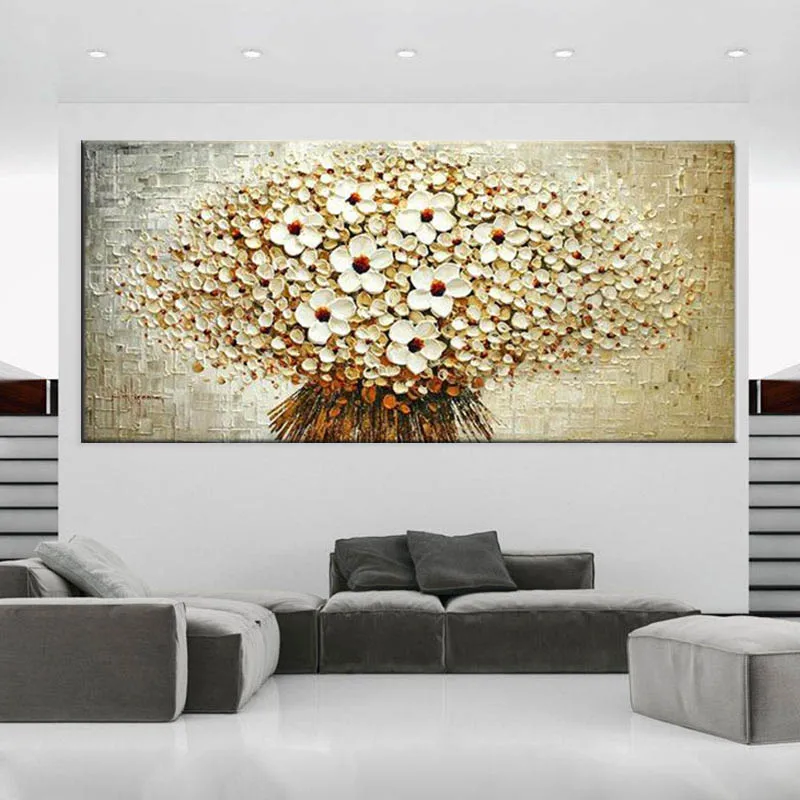 

Hand Painted High Quality Blooming White Blooms Landscape Palette Knife Abstract Oil Painting Canvas Wall Living Room Artwork