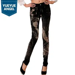 Осень высокая талия печати узор толстые джинсовые штаны для женщин уличная узкие джинсы Мода Harajuku карандаш брюки для девочек Женский 2019