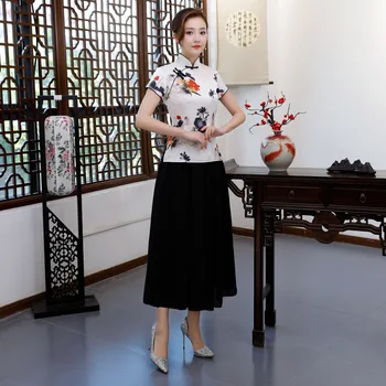 

Vintage Chinese Blouse Skirt Sets Women Lace Short Sleeve Shirt Mandarin Collar Clothing New Arrival Summer Size S-XXXL 9983