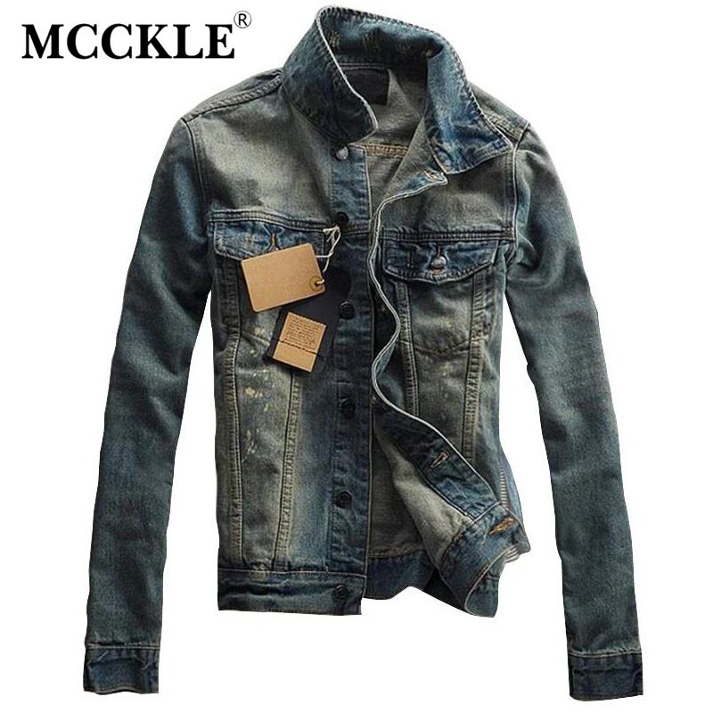 MCCKLE Vintage Mens Ripped Denim Jacket Designer Fashion Washed Slim Fit Jean Jackets Man Turn Down