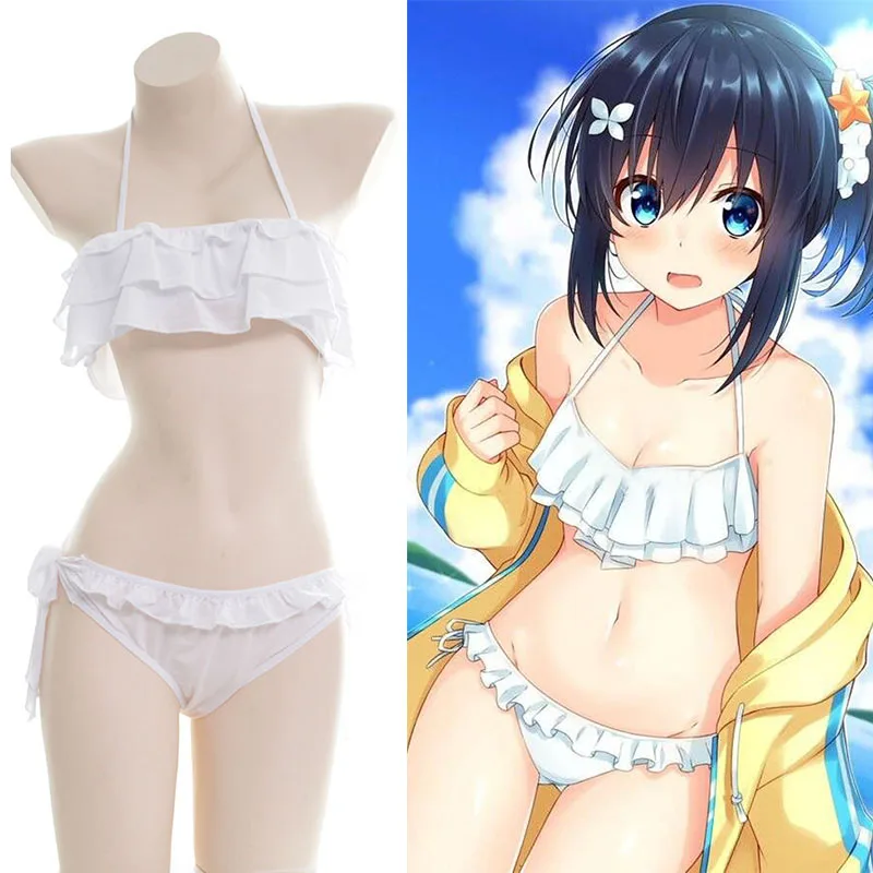 

Japanese Girl Anime Sexy Cosplay Ruffle Bikini White Translucent Sukumizu Swimsuit Adult Wet Look Role Play Costumes