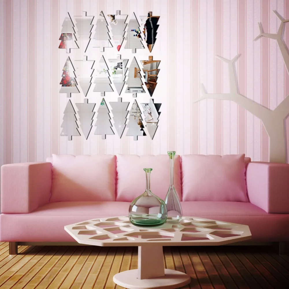 18pcs Christmas Tree Mirror Wall Sticker Wall Decal Pine Christmas Tree