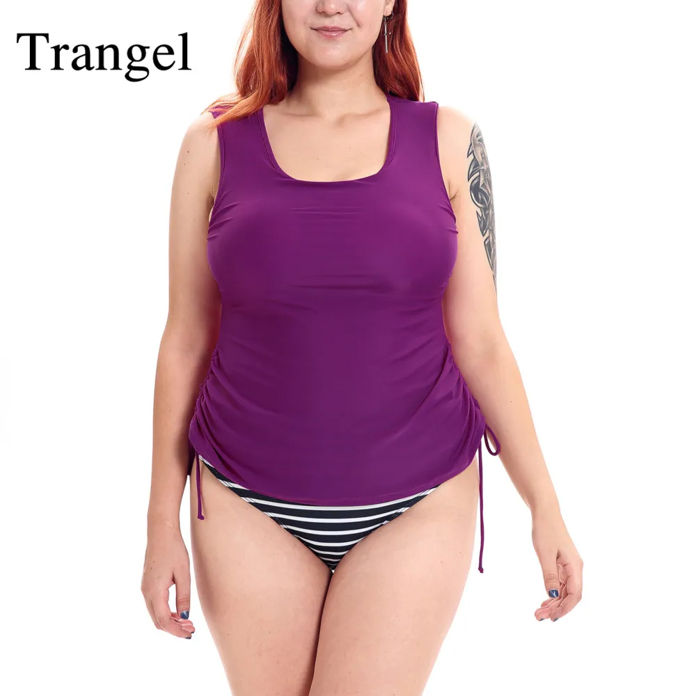 

Trangel Plus Size Swimwear Women Swimsuit Purple Solid Bikinis Set Crew Neck Gathered Side Tie Tankini Set Two Piece Suit