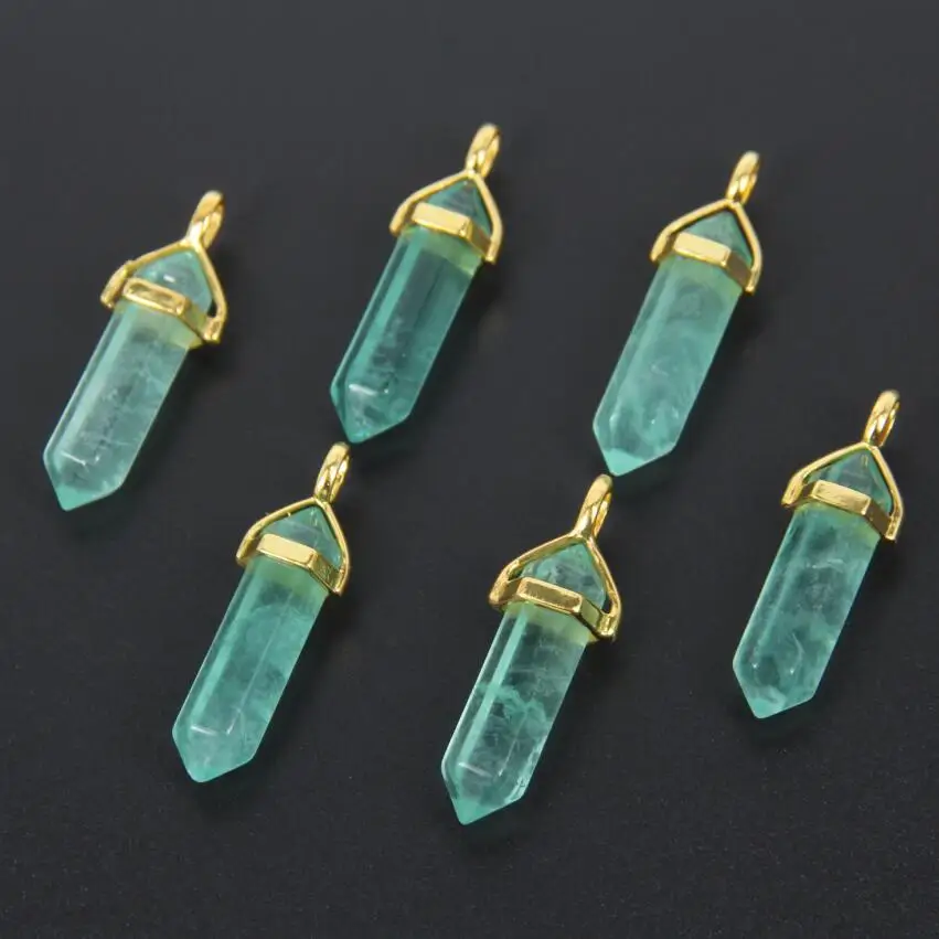 

Hot Sell New Fashion Plated Gold Natural Green Fluorite Stone Stick Points Pendant Necklace For Women Jewelry Wholesale 10pcs