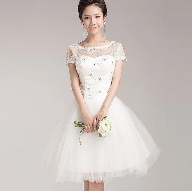 Free shipping White Short Wedding Dress 2015 short sleeve high quality ...