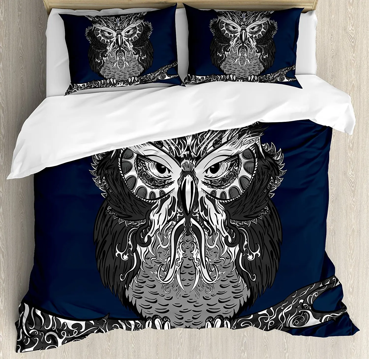 

Indie Duvet Cover Set Owl with Vintage Style Ornaments Wisdom Symbol Creature of Night Bedding Set Dark Blue Charcoal Grey White