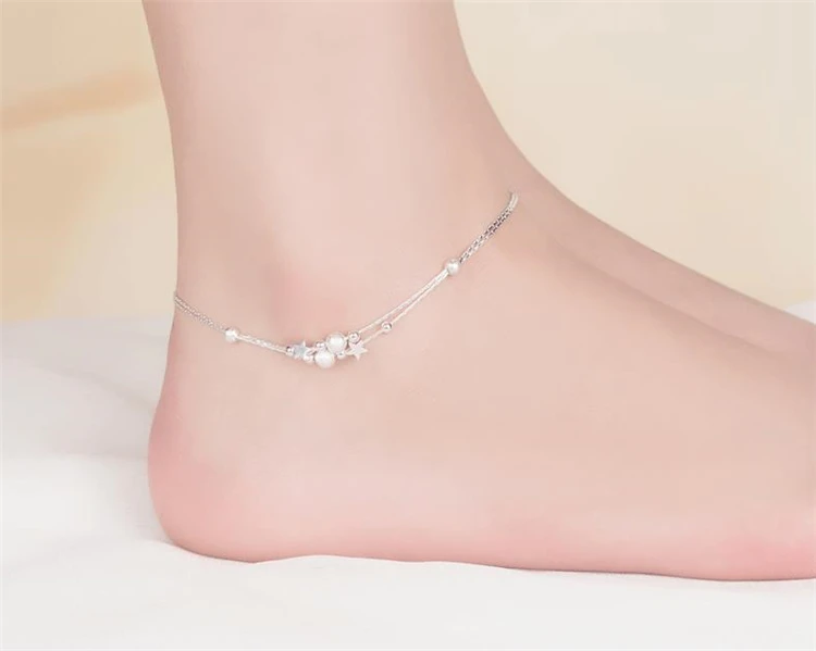 KOFSAC модный 925 пробы Серебряный ножной браслет с двойной цепочкой для женщин вечерние браслеты с бусинами в виде звезд на лодыжке ювелирные изделия для ног милый подарок для девочек