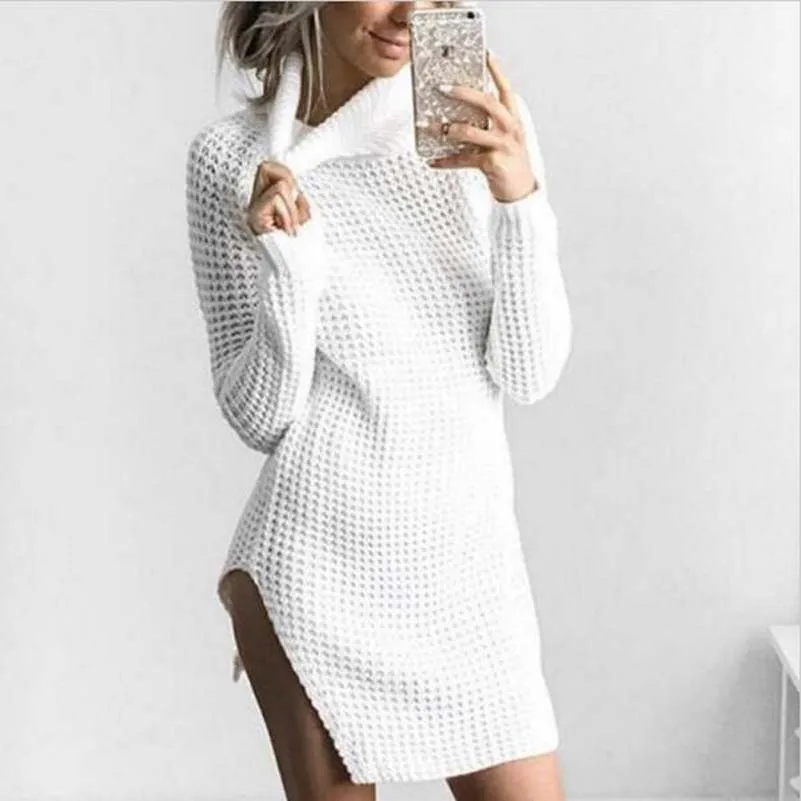 

Autumn Winter Women Knit Dresses Side Split Turtleneck Knitted Dress Long Sleeve Vestidos De Festa Sweater Dress Femme NS8667