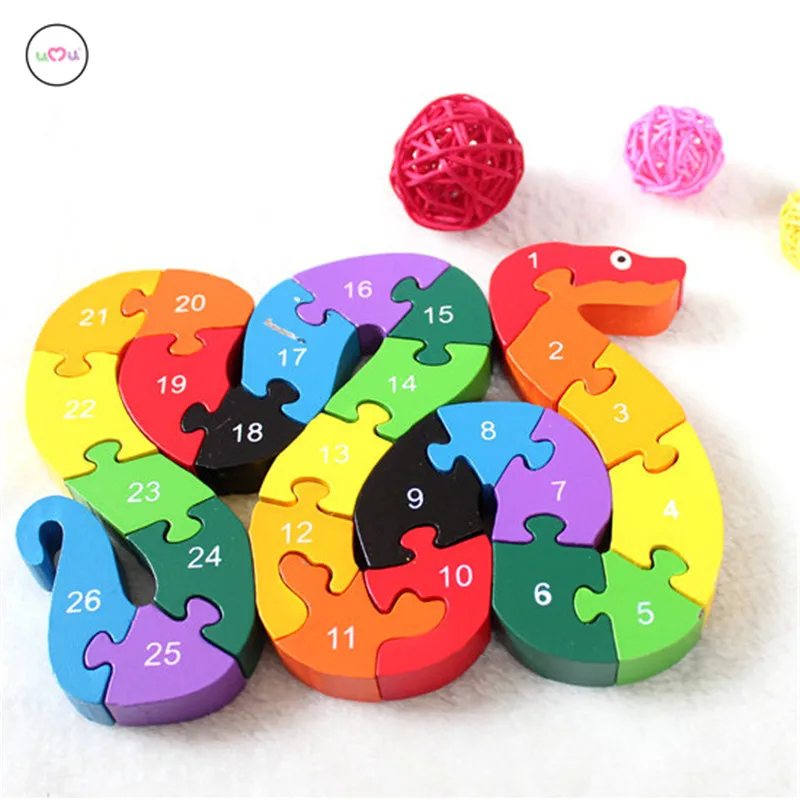 

Baby Kids Children Wooden Toys Alphabet Number Building Jigsaw Puzzle Snake Shape Funny Digital Puzlzle Game Educational Toys