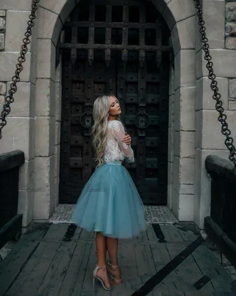 2017 White and Mint Lace Two Pieces Long Sleeve Short Prom HomecomiDresses Crew Illusion Boho Party Graduation Evening Gowns Cheap