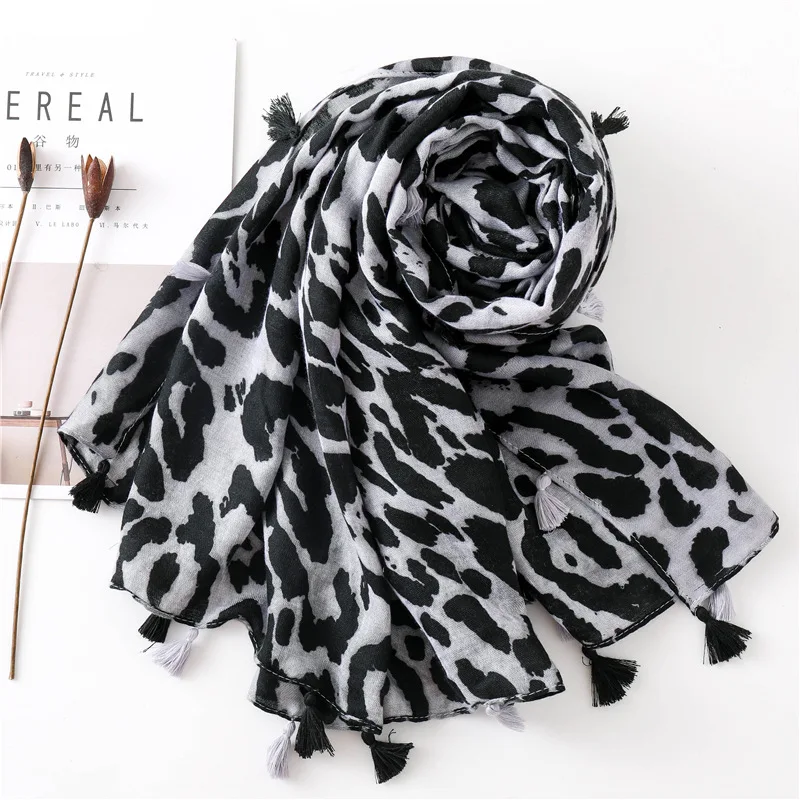 

women autumn winter cotton soft lady long scarf pashmina shawl white and black scarf leopard with tassel