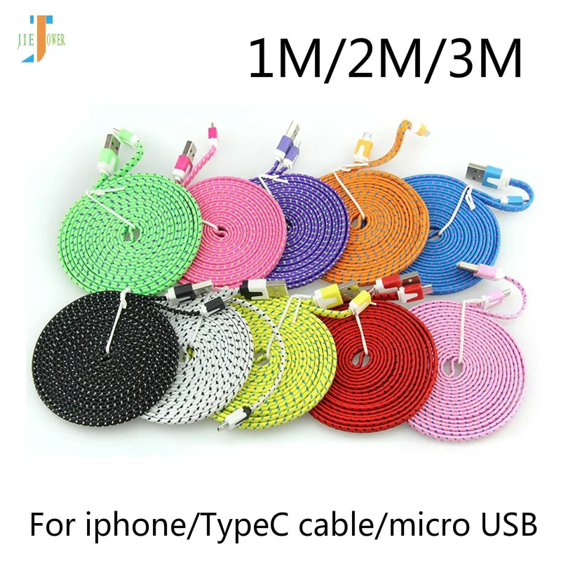 

500pcs 1M 2M 3M Flat Noodle Braided Fabric TypeC Type-C Usb C USB-C Micro USB 8pin Data Sync Charger Cable for IPhone Samsung
